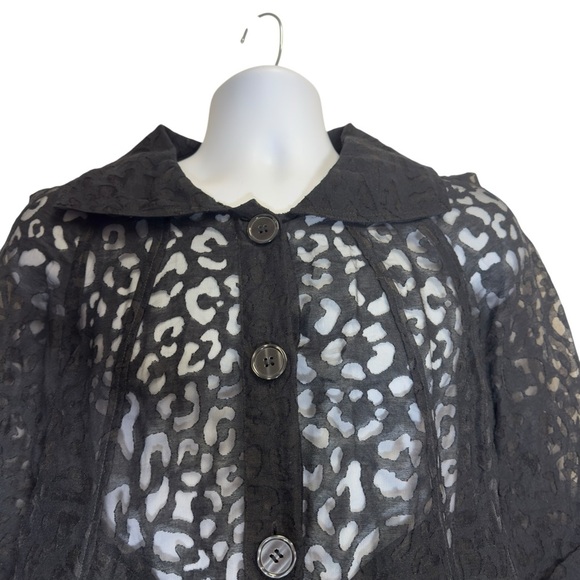 Black Sheer Lace Leopard Print Burnout Asymmetrical Big Button-Up Blazer Blouse - Picture 6 of 8